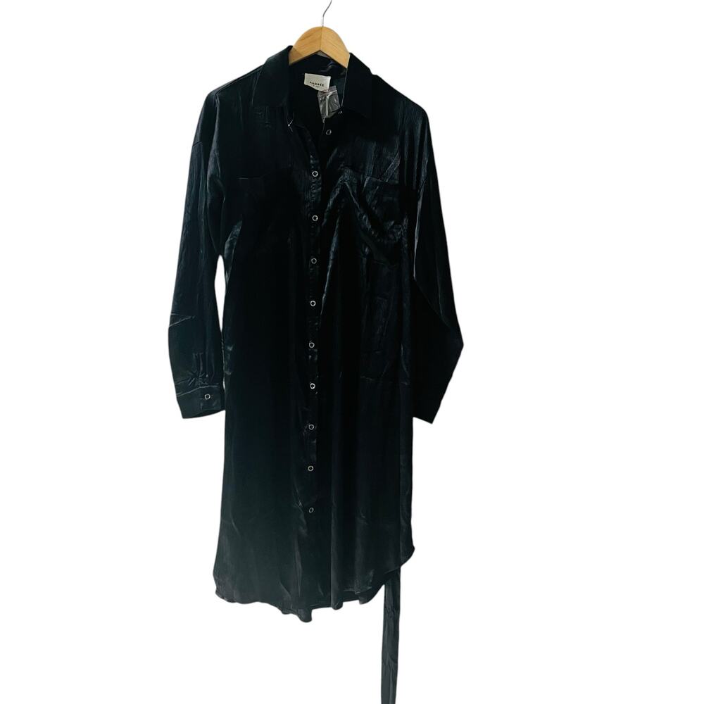 Andree By Unit Black Metallic Long Sleeve Button Up Shirt Dress Size S Small NWT